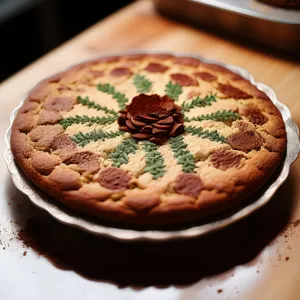 Cheese pizza with pepper and chocolate cake