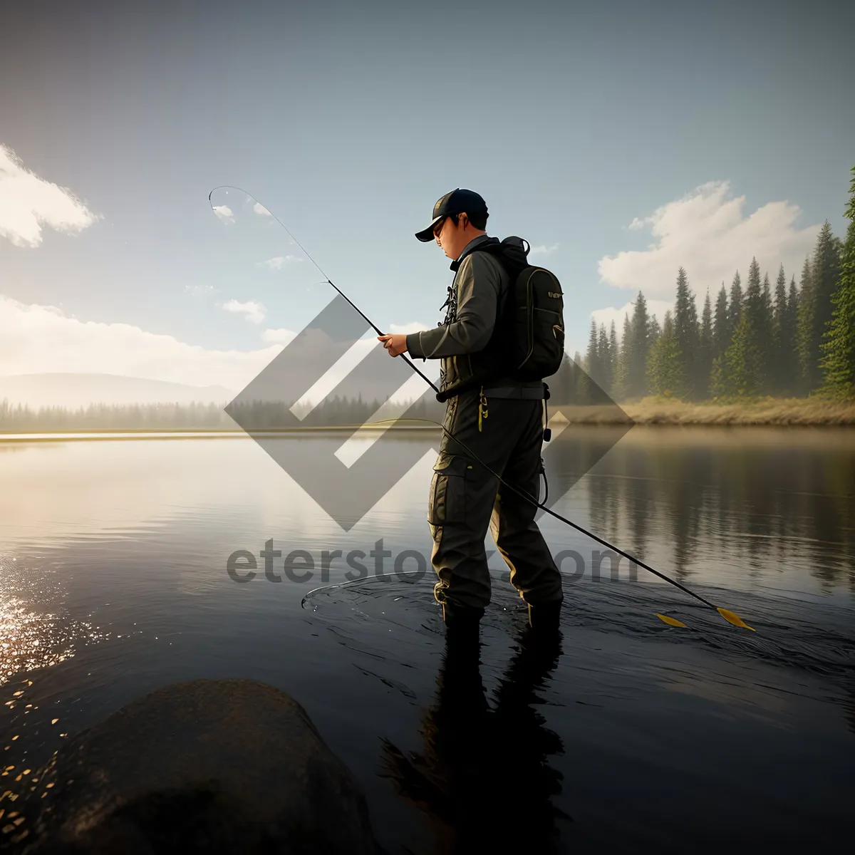 Picture of Male Fisherman Reeling in Coho Salmon