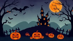 Halloween Night Silhouette Cartoon Cemetery Scene.