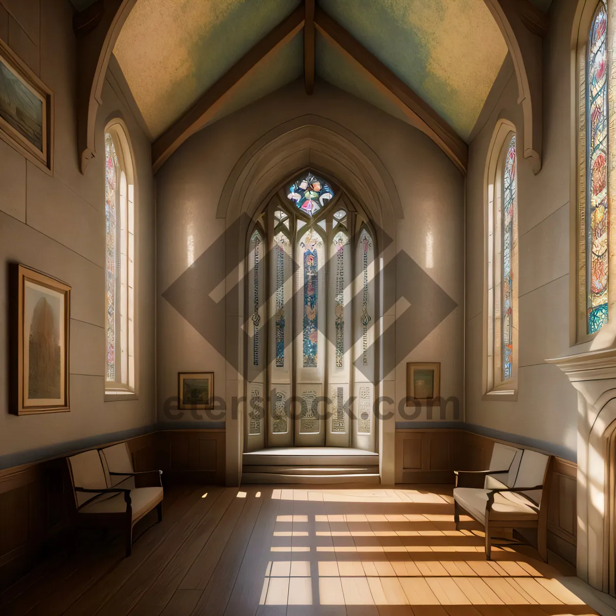 Picture of Ancient Cathedral Interior with Majestic Vaulted Ceiling.