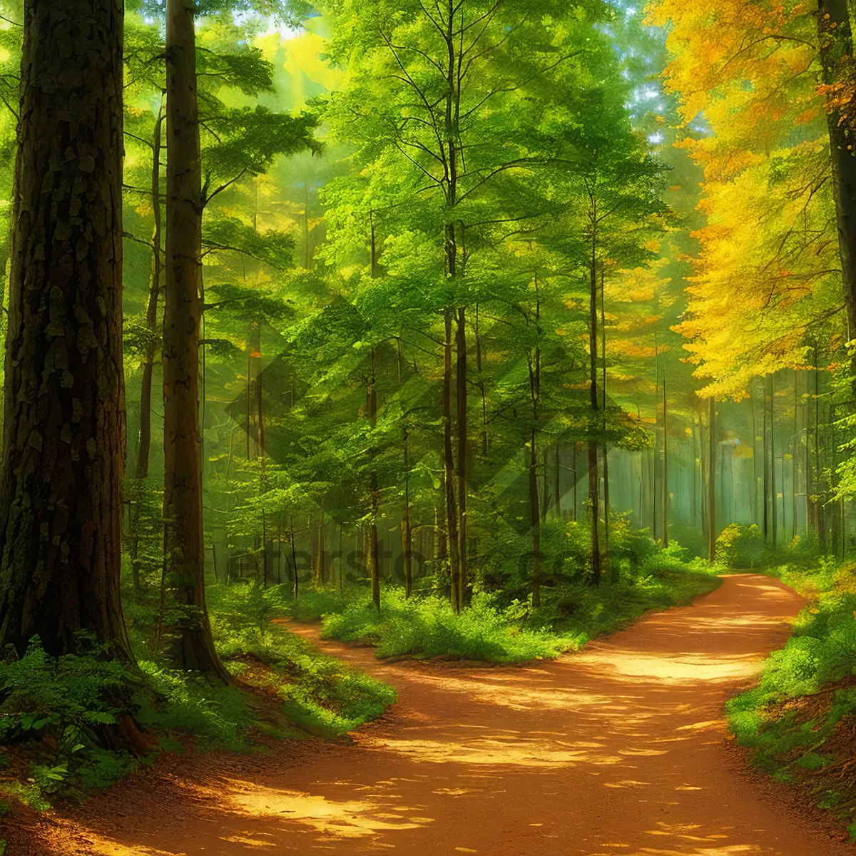 Picture of Colorful Autumn Woods Pathway in a Sunlit Forest