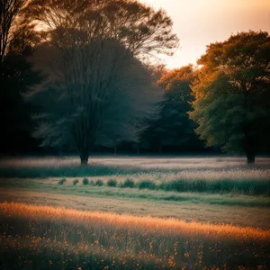 Serene countryside sunset over a rustic park bench