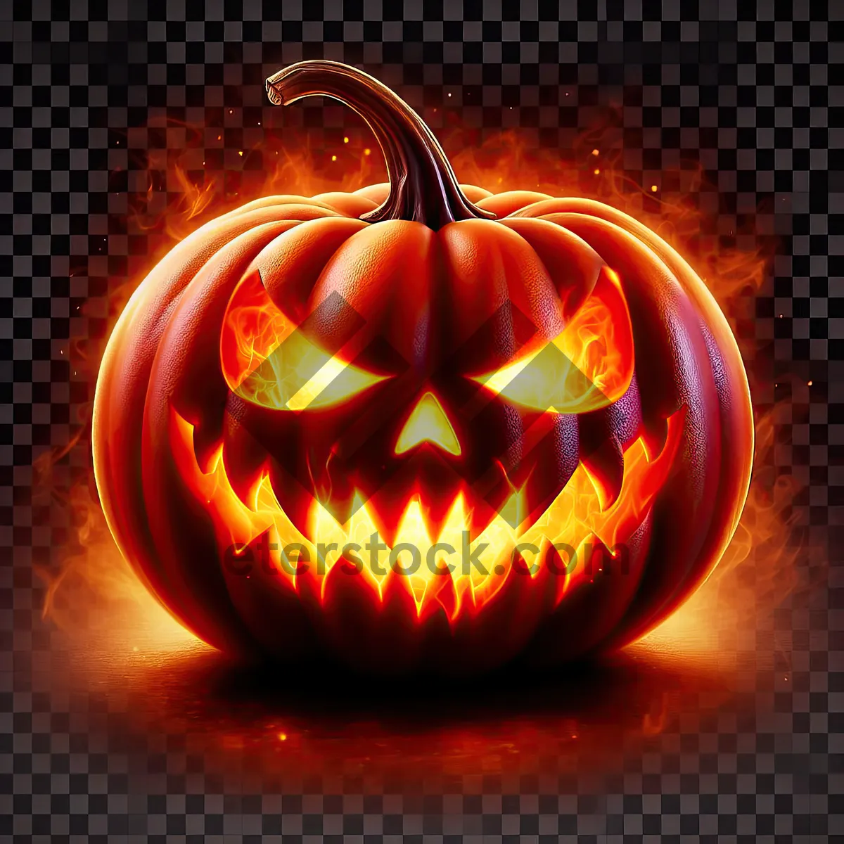 Picture of Bright orange pumpkin with carved sinister face, lit from inside by fire, creates burning jack-o'-lantern effect on transparent background, png format. AI, Generation, Illustration