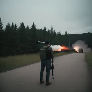 Man aiming rifle at clay pigeon target