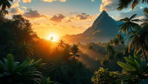 Silhouette sunset over mountain landscape in rural park.