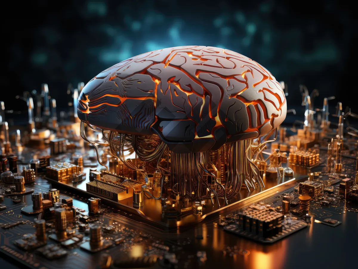 Picture of Sci-fi concept. The central computer processor in the form of an artificial brain microchip as the main element of the artificial intelligence system is installed on the motherboard of the supercomputer