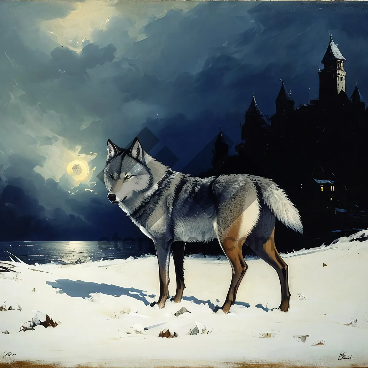 Picture of Winter Timber Wolf in Snowy Mountain Landscape