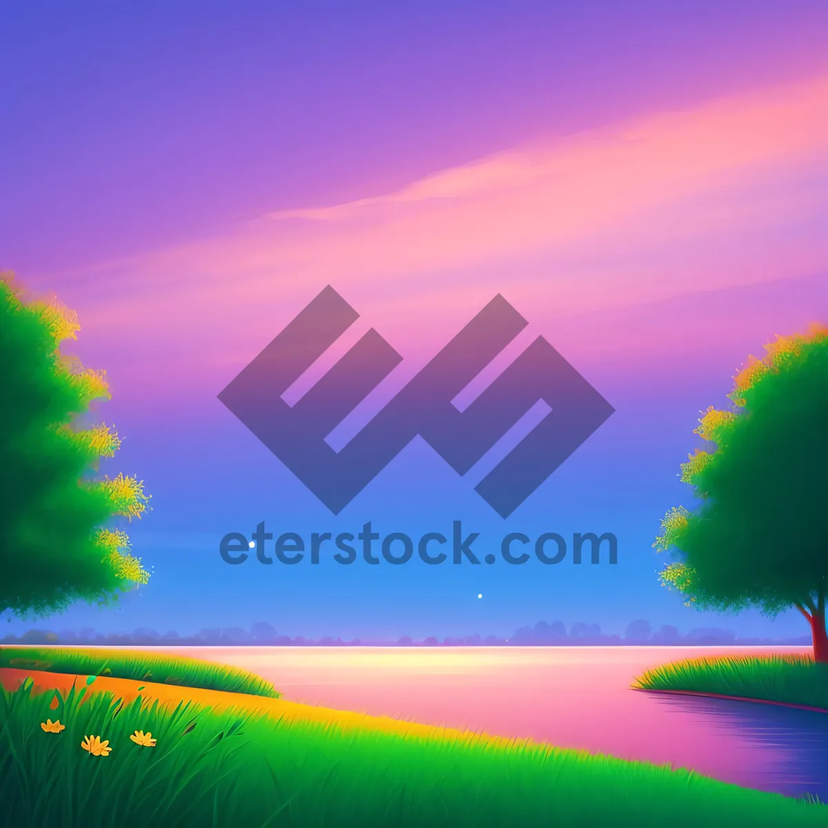 Picture of Colorful Sunset over Rural Meadow and Fields