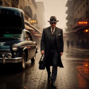 Urban businessman walking on city sidewalk with briefcase.