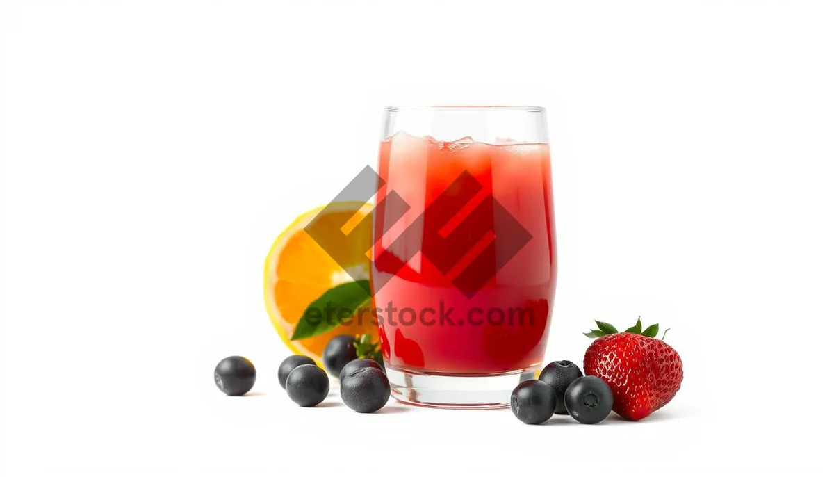 Picture of Fresh Fruit Juice in Glass Cup with Label.