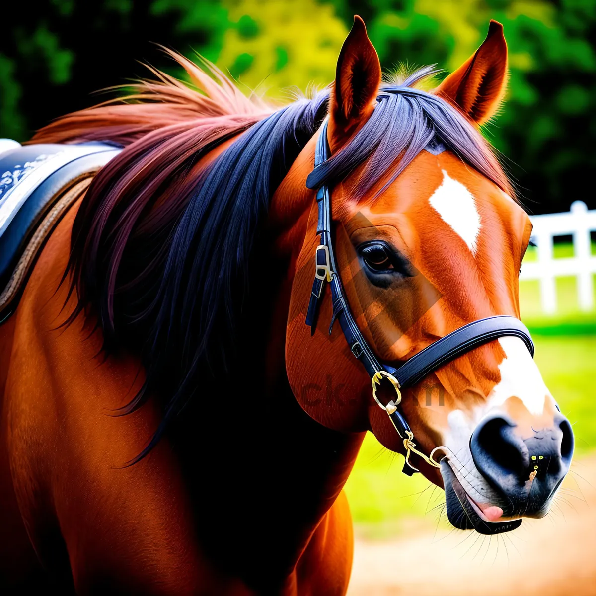 Picture of Brown Stallion in Equestrian Headgear at Farm