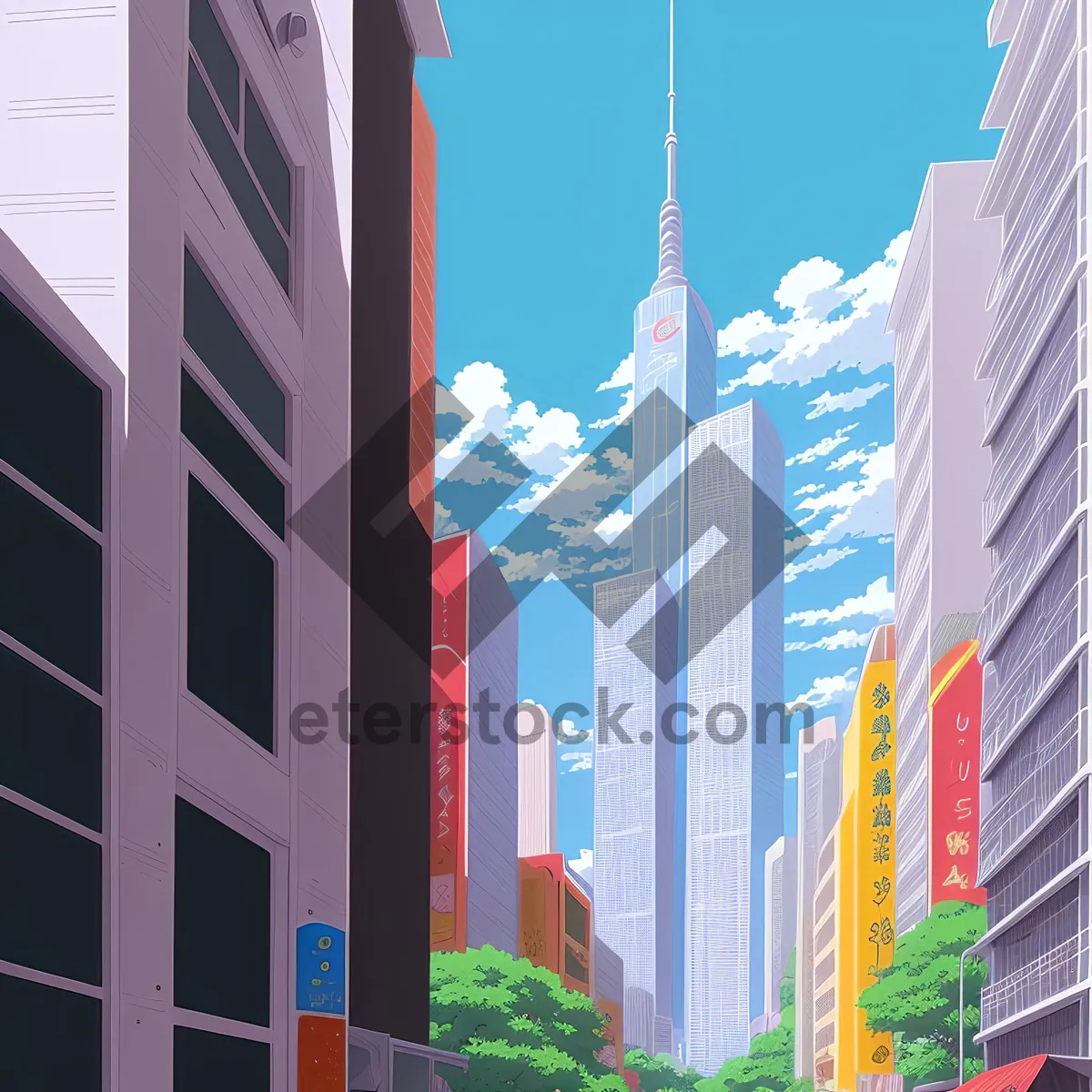 Picture of Modern city flag flying high above skyscrapers