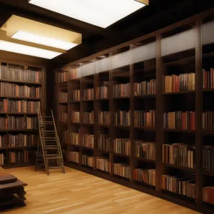 Modern home library interior with bookshelf and table