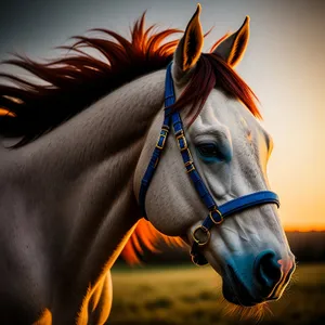 Brown Thoroughbred Stallion with Bridle and Mane