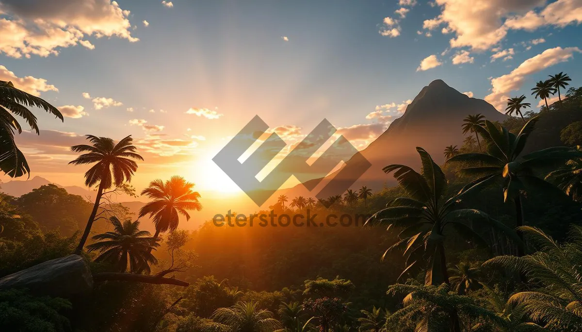 Picture of Tropical sunset sky over palm tree silhouette on beach
