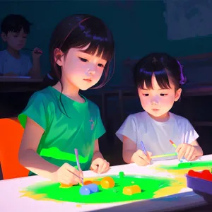 Happy child playing with school doll