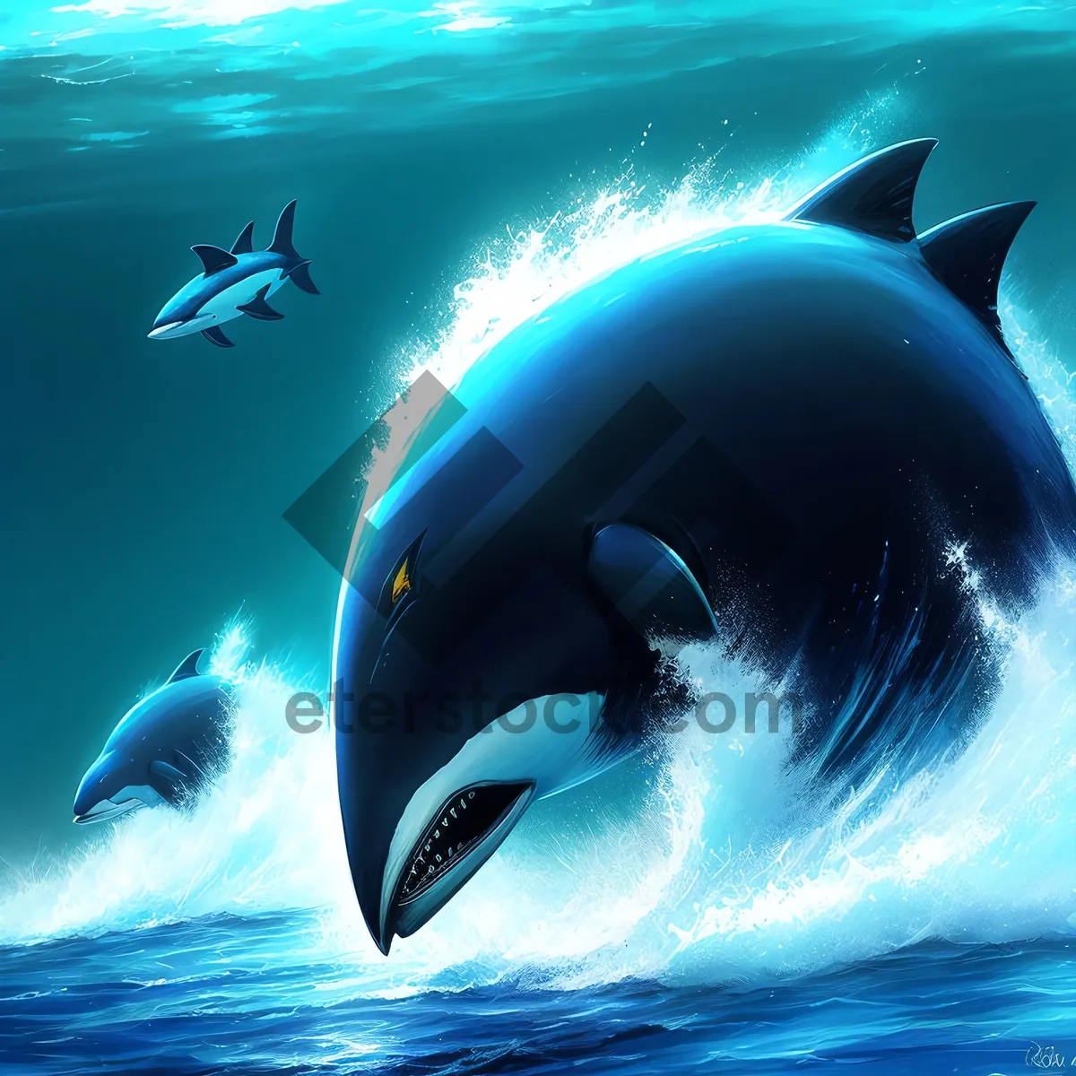 Picture of Sunlit Ocean: Majestic Killer Whale and Dolphin Duo