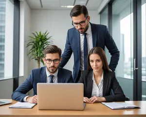 Happy male professional working on laptop in office