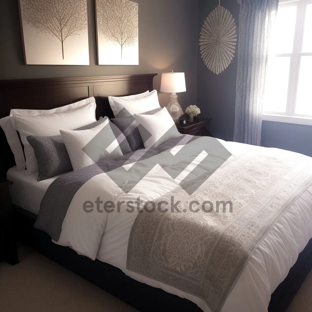 Picture of Modern Bedroom with Cozy Quilt and Stylish Furniture