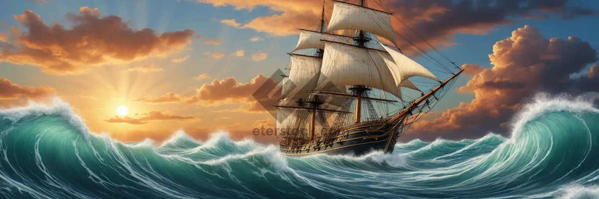 Picture of Pirate ship sailing into a fiery sunset.