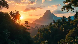 Majestic sunset over mountain peak silhouette landscape.