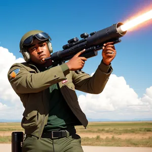 Male Soldier with Bazooka in Military Uniform