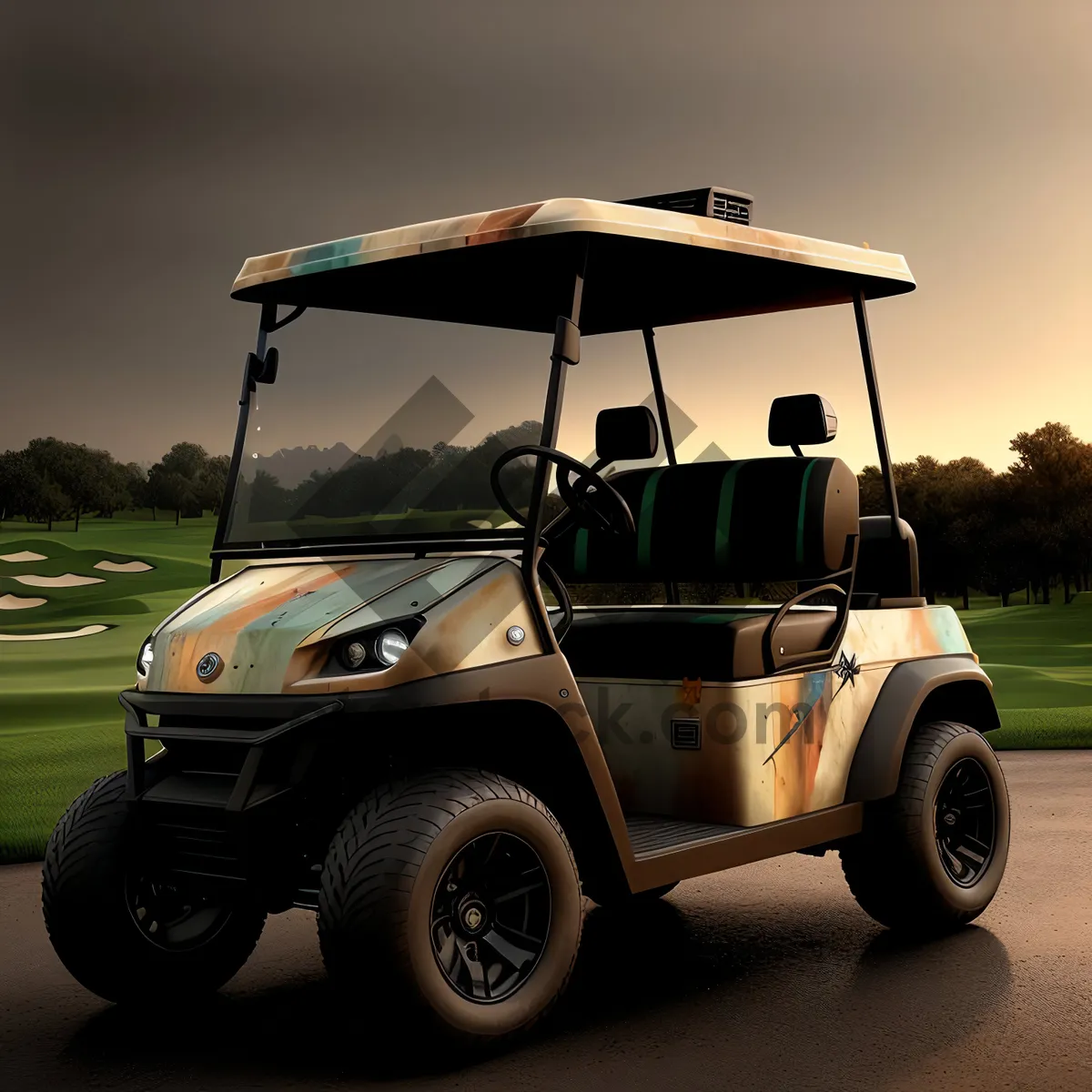 Picture of Golfer Driving on Golf Course in Sports Car