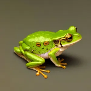 Vibrant Orange Eyed Tree Frog Peeking Through Foliage.