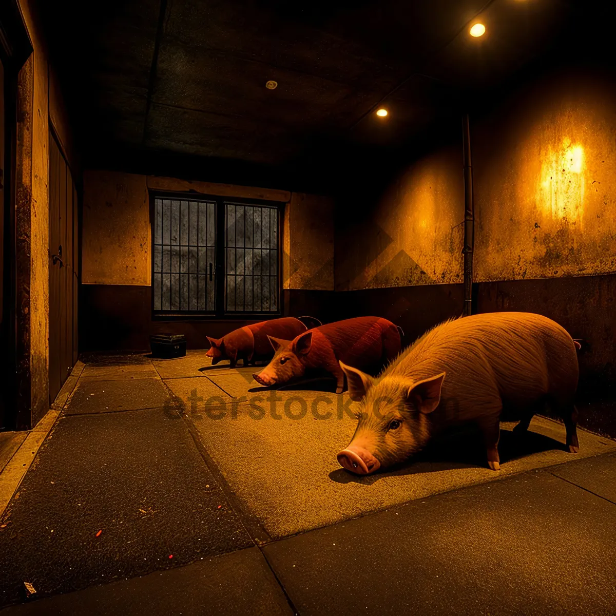 Picture of Domestic Piglet Resting in Cozy Bedroom Pen