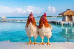 Adorable farm chicken with colorful feathers and funny beak