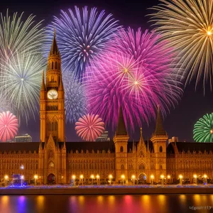 City Night Sky Fireworks Burst Celebration