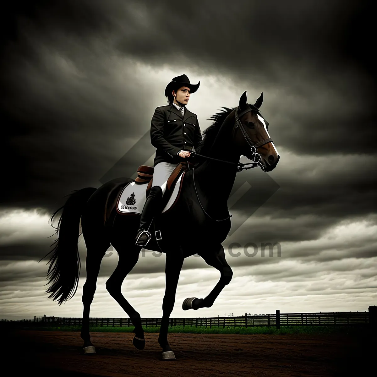 Picture of Sunset Ride: Silhouetted Cowboy on Thoroughbred Stallion