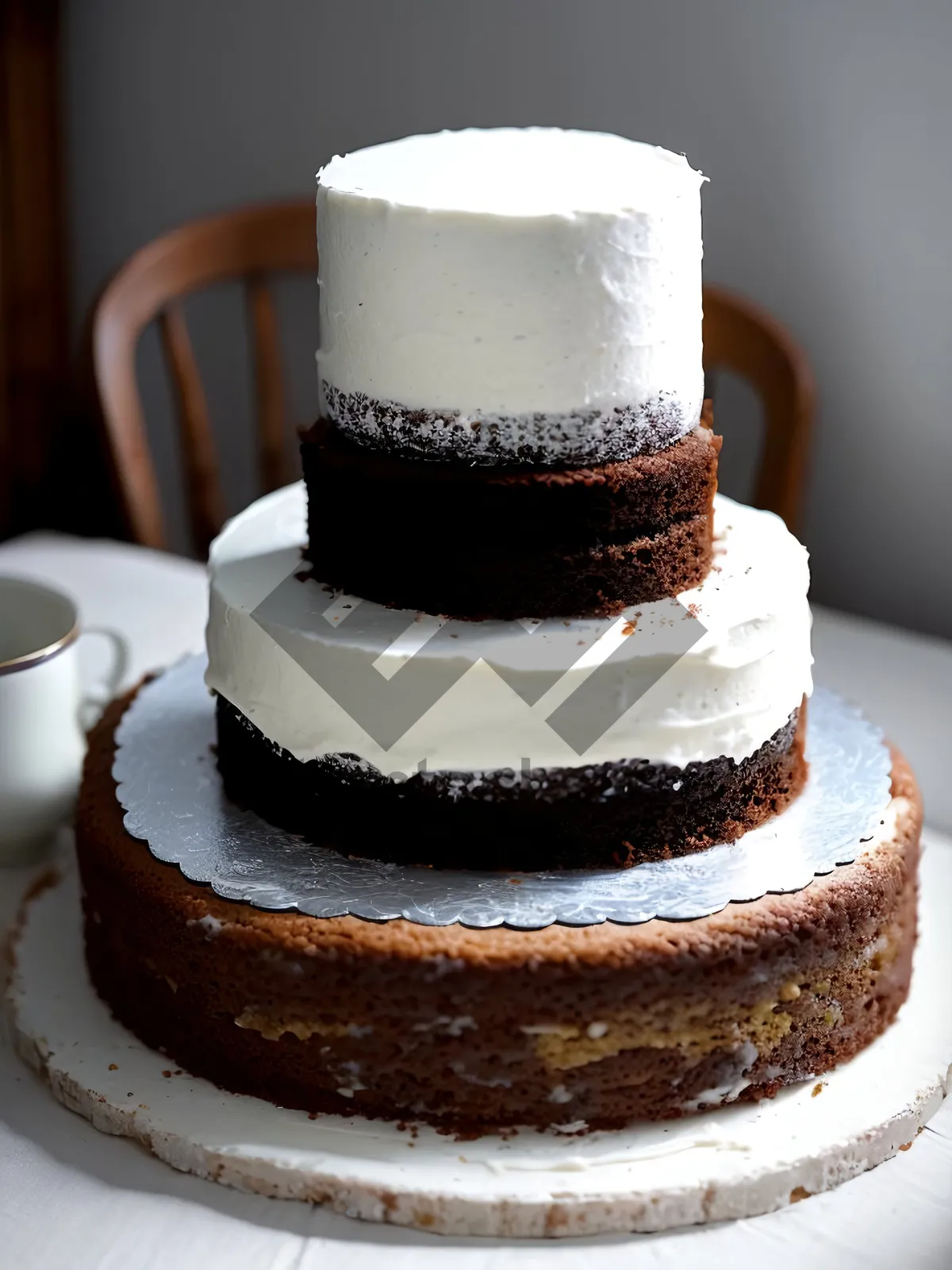 Picture of Decadent morning treat: Creamy espresso chocolate cake with sweet saucer of delight.