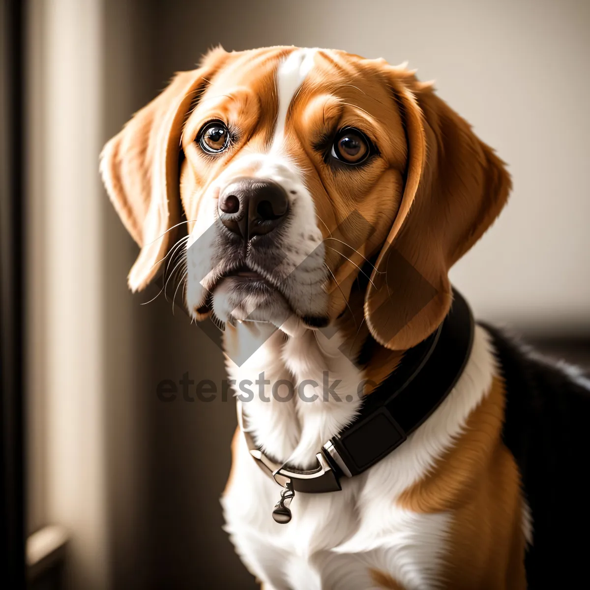 Picture of Cute Beagle Puppy Sitting with Brown Collar