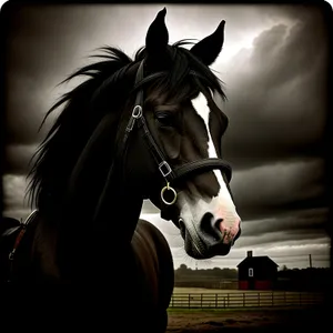 Brown Thoroughbred Stallion Grazing in Rural Meadow