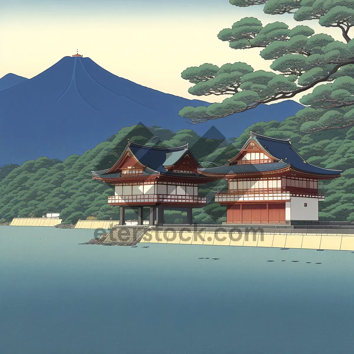 Picture of Lakefront Mountain Temple and Boathouse in Summer Landscape