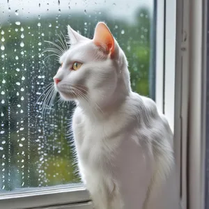 Pretty tabby cat sitting on windowsill sill gaze.