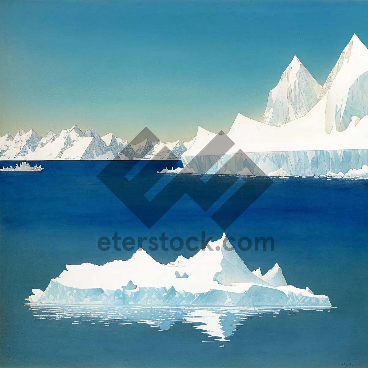 Picture of Serene Arctic Landscape: A Frozen Ocean Surface with Majestic Icebergs and Clouds