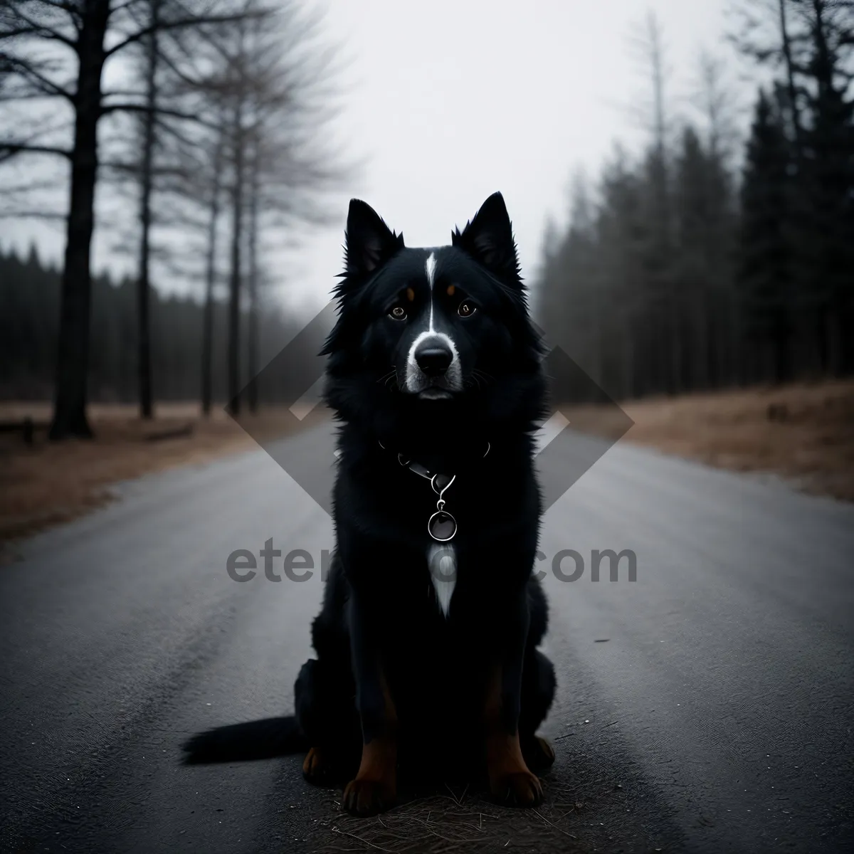 Picture of Watchful Shepherd: Black Border Collie with Leash