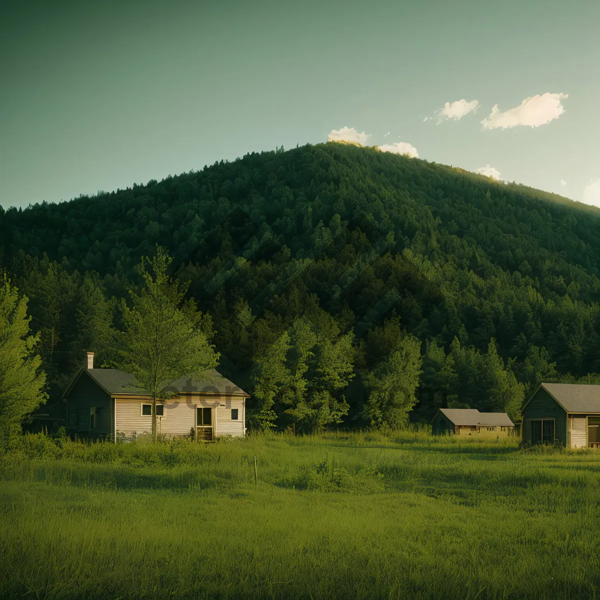 Picture of Rustic Thatched Roof Barn in Countryside Landscape