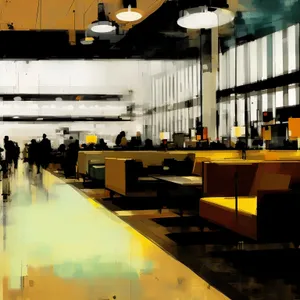 Modern cafeteria interior with stylish furniture and table counter.