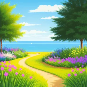 Summer Sky Over Sunlit Meadow and Ocean
