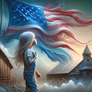 Little Girl With American Flag and Country Barn