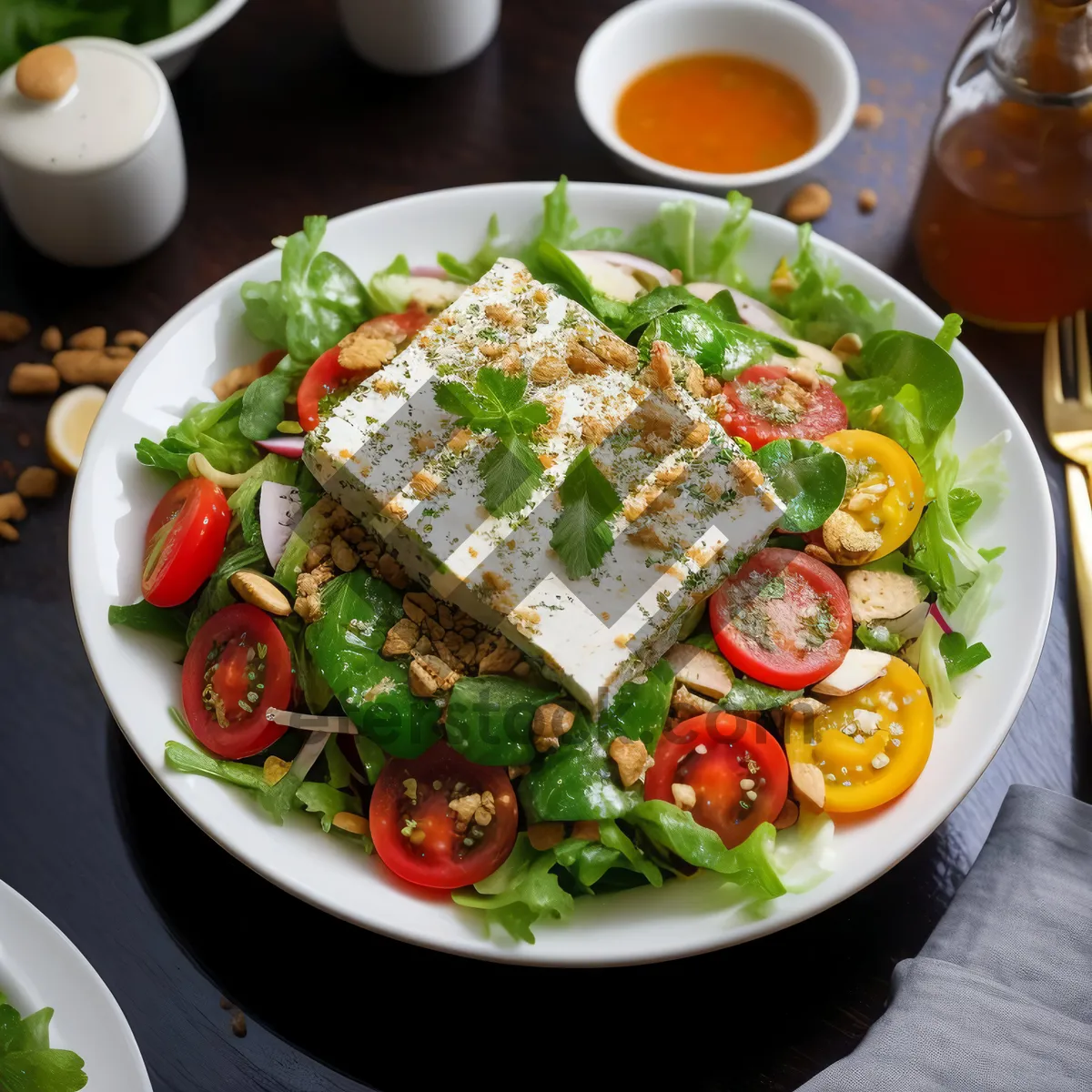 Picture of Gourmet salad with fresh vegetables and tasty sauce.