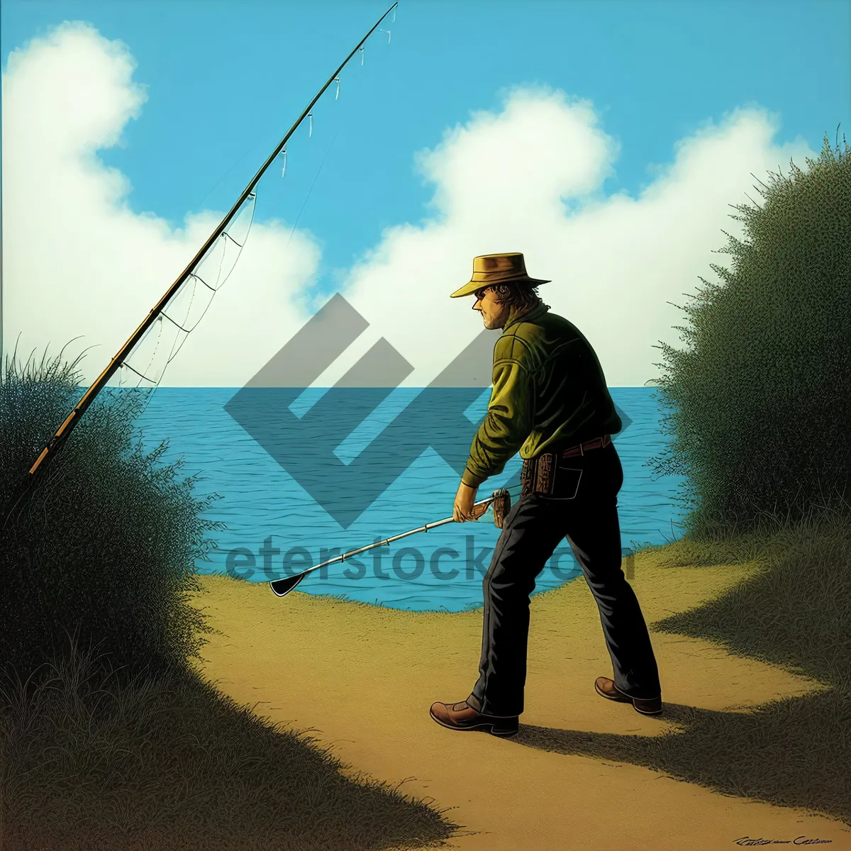 Picture of Male Fisherman with Fishing Gear and Metal Detector