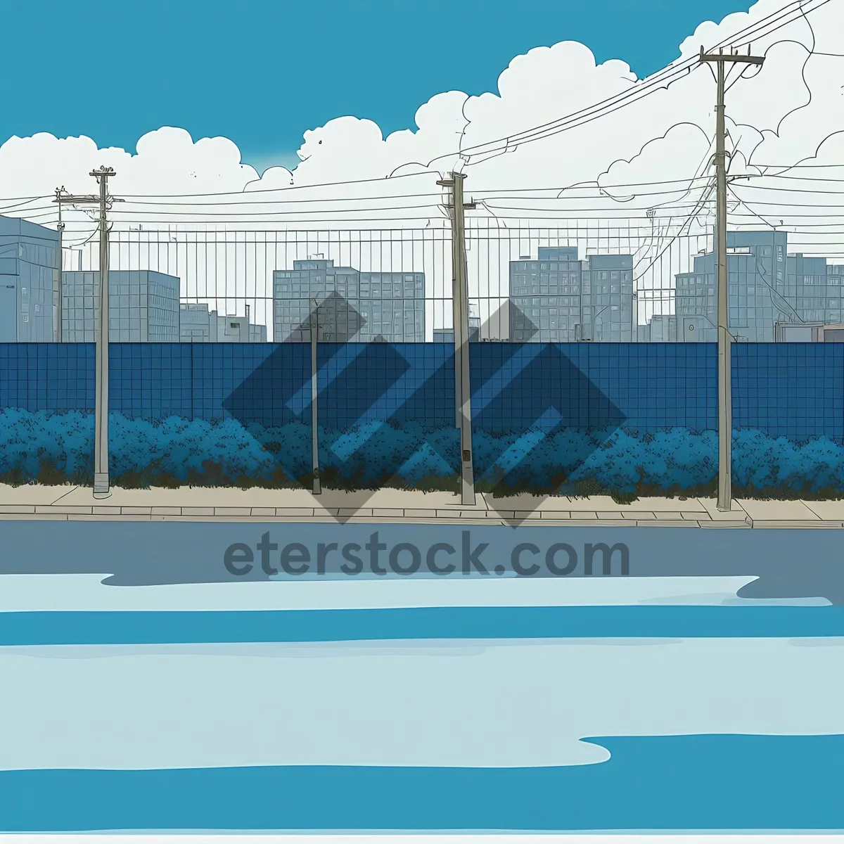 Picture of Urban Skyline with Volleyball Net: Modern City Athletics