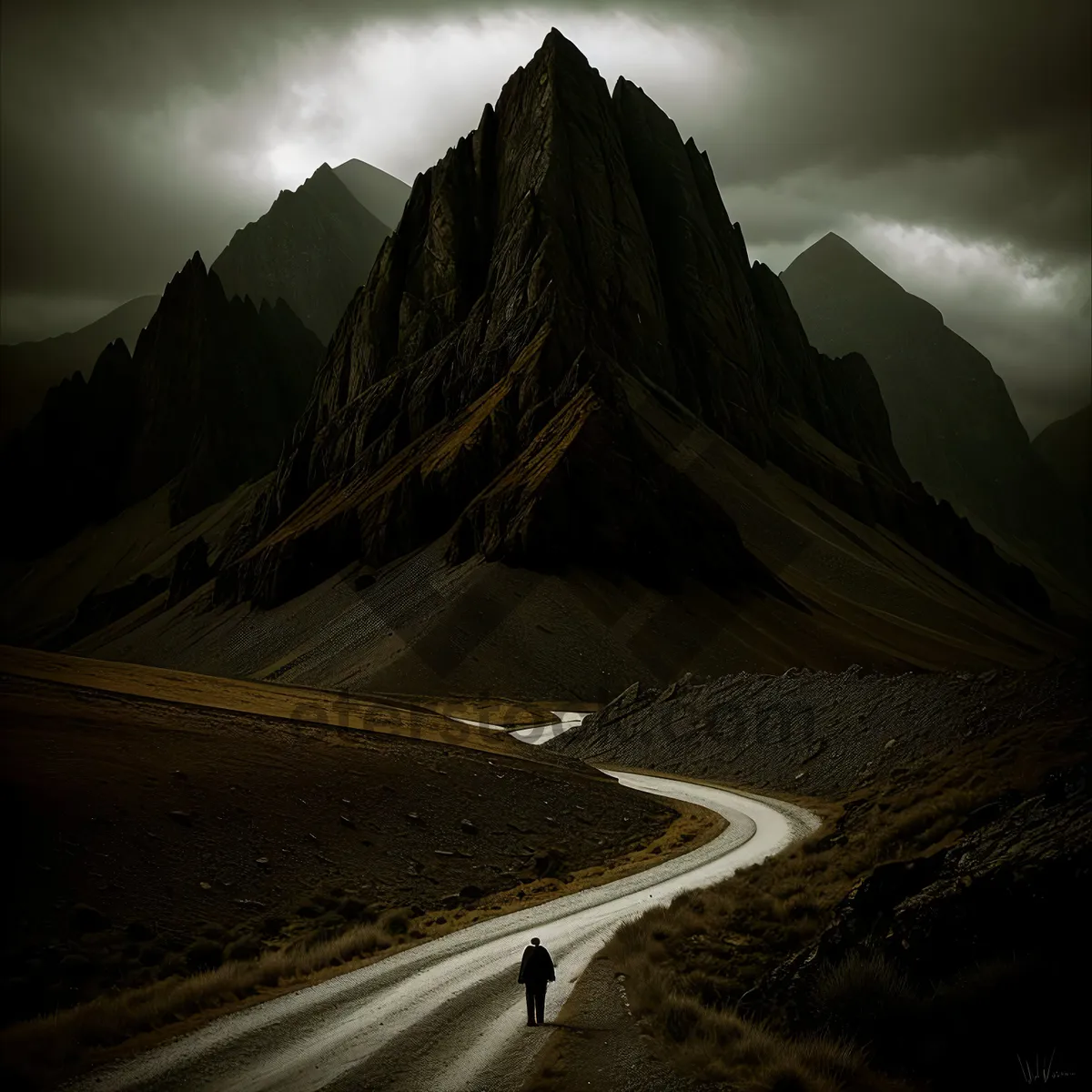 Picture of Majestic Mountain Landscape with Road and Clouds