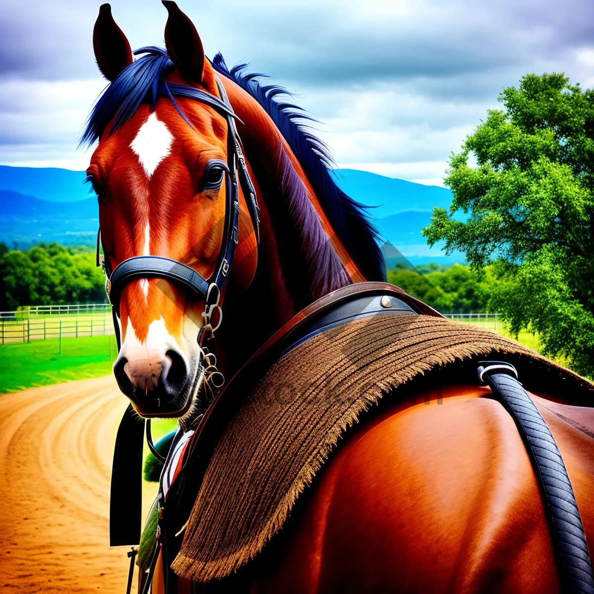 Picture of Sporting Mare in Rustic Saddle Amidst Scenic Fields