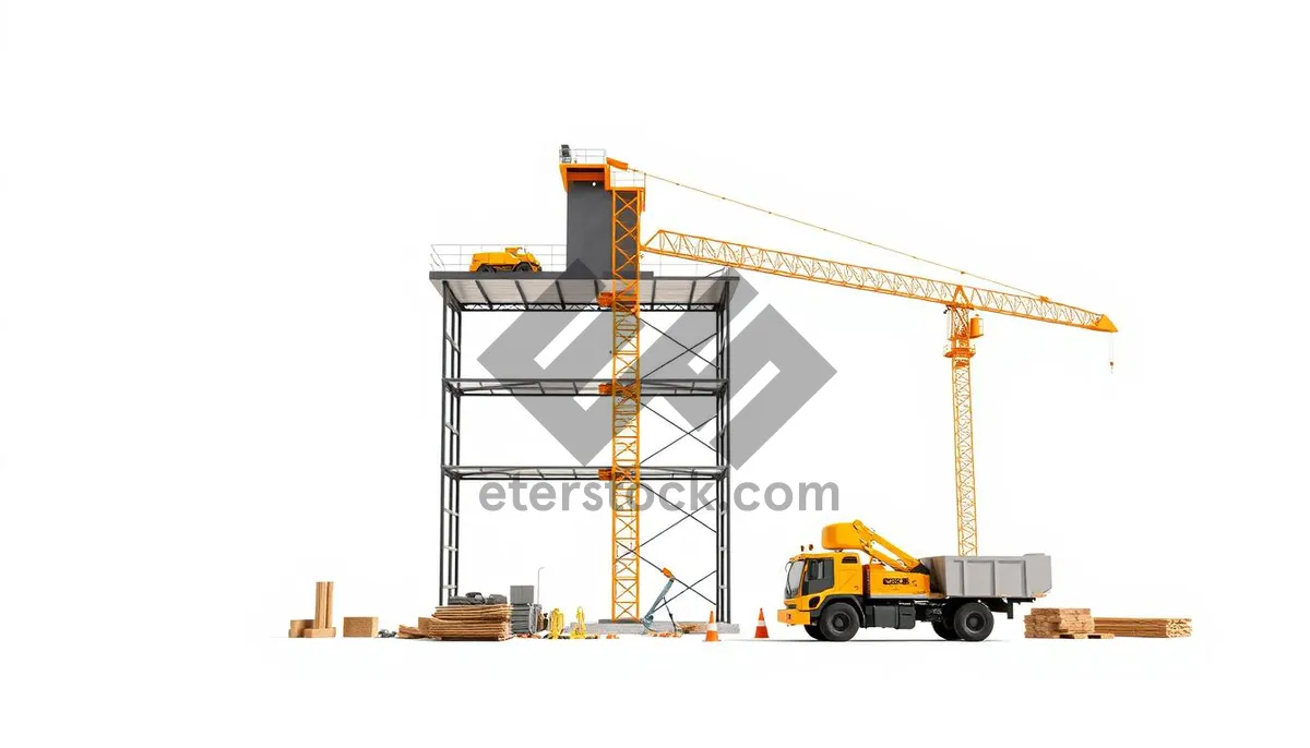 Picture of Industrial crane lifting steel cargo on construction site.