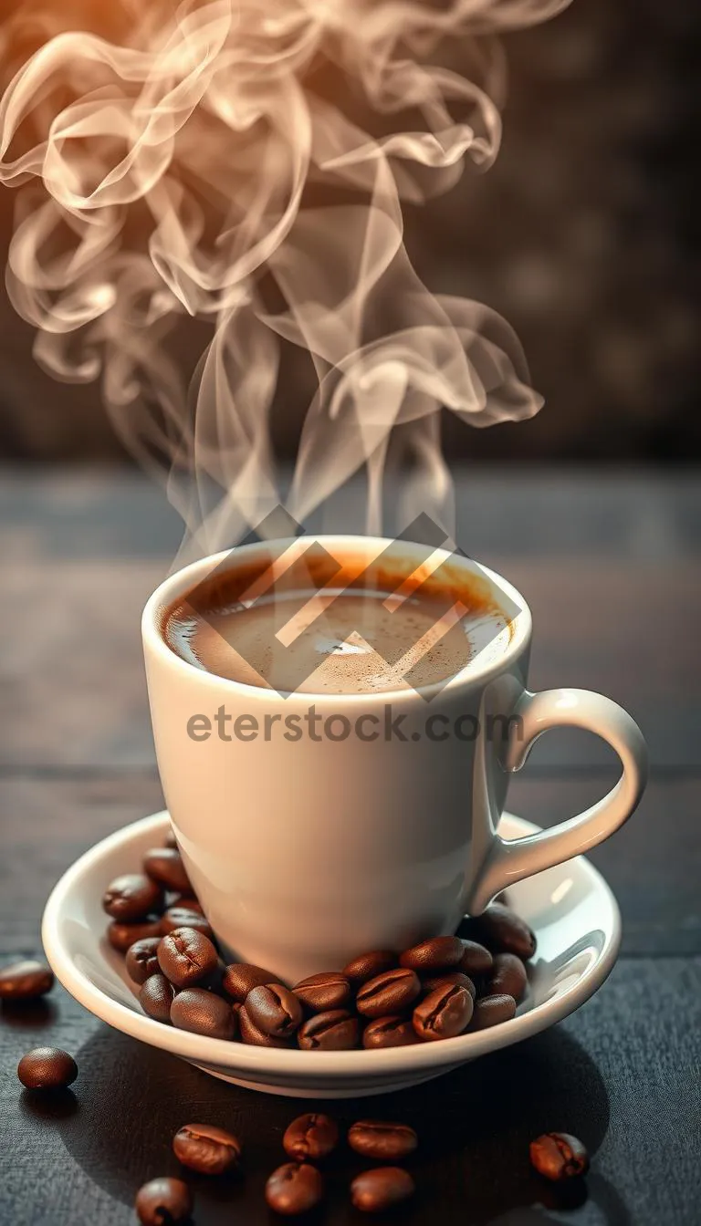 Picture of Fresh morning coffee on dark restaurant table.